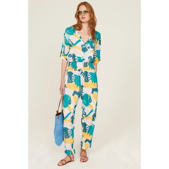 Paradised Scottie Pink Tropical Print Short Sleeve Jumpsuit Women's Size Large L - Picture 2 of 13